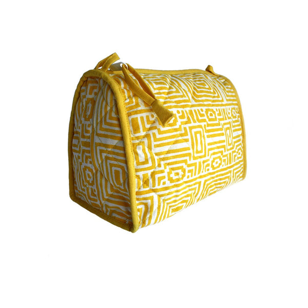 Yellow toiletry bag graphic Geometrical Wood-Block Printed for him or her. Comes with Interior Pockets and Plastic Lining