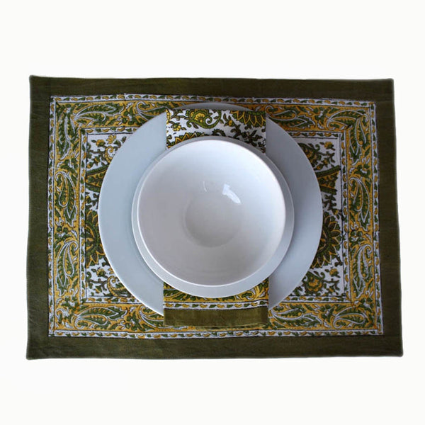 Wood-block printed Indian Paisley placemats. Fully backed with white cotton.