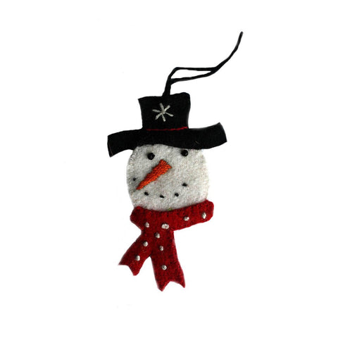 Snowman in a hat wool felt ornament with scarf and carrot nose