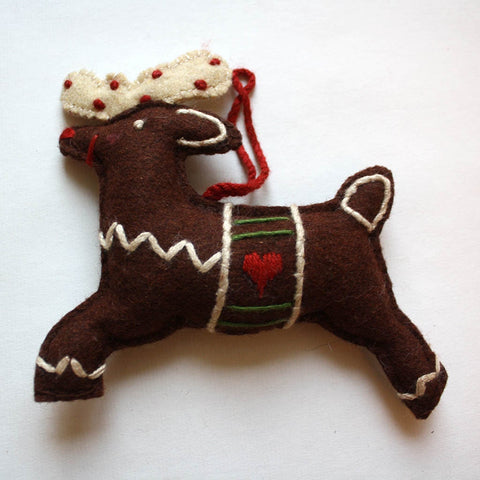 Reindeer heart felt ornament with Hand embroidered embellishments