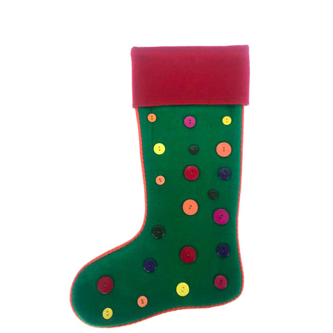 Green wool felt Christmas stocking with buttons and orange piping