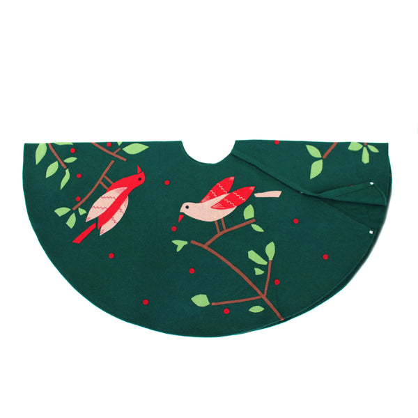 Dark Green wool felt tree top birds Christmas tree skirt