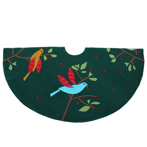 Dark Green wool felt tree top birds Christmas tree skirt