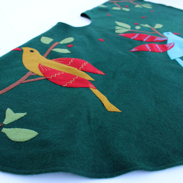 Dark Green wool felt tree top birds Christmas tree skirt