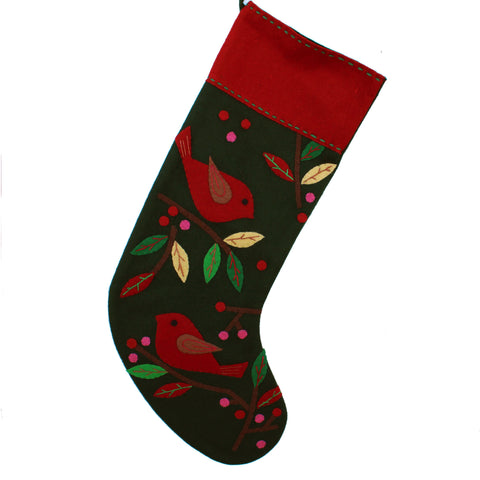 Red birds nesting Christmas wool felt stocking