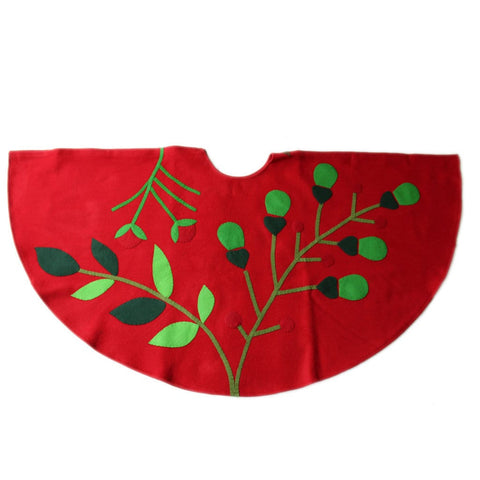 Red acorn wool felt Christmas tree skirt (also in green and white)