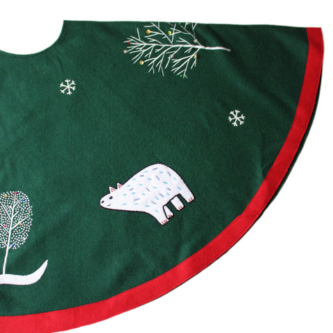 Polar bears in the trees Dark green Christmas tree skirt